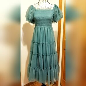 Juliana's Teal Green Tulle Smocked Tiered Midi Dress Size Small Whimsical Fairy